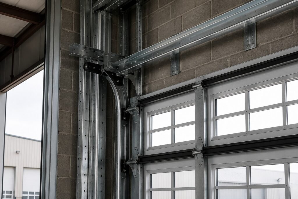 Commercial heavy-duty garage door track system for industrial and commercial buildings.