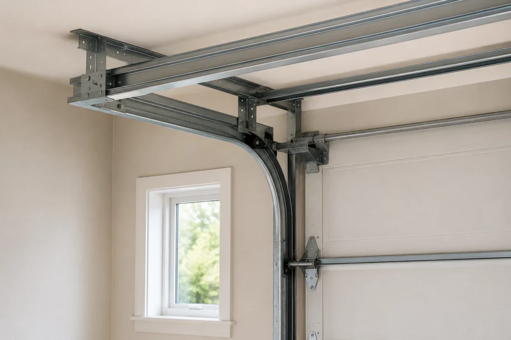 Low headroom garage door track designed for garages with limited overhead space.