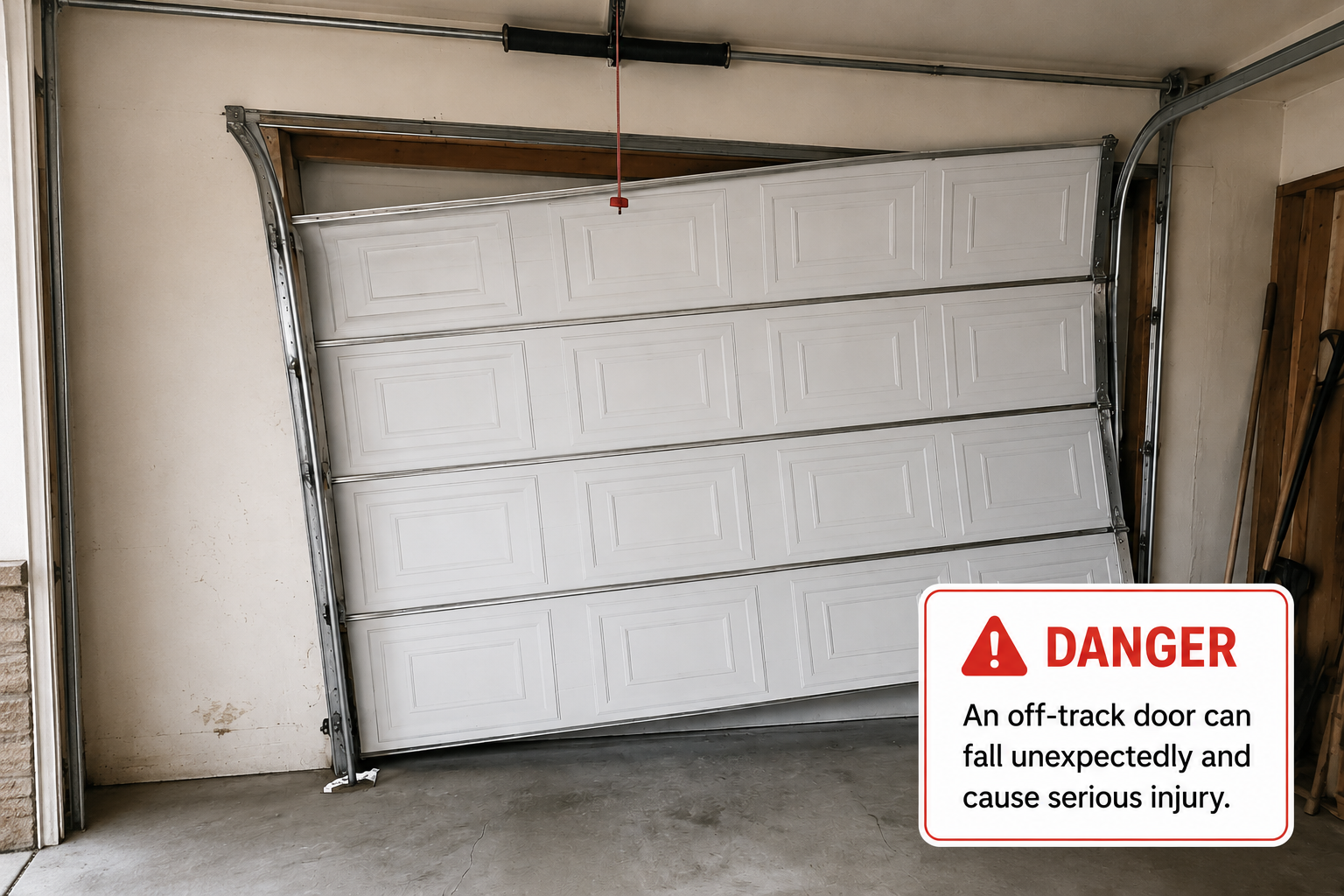 Off-track garage door with a safety warning showing the risk of door collapse in Canton, GA.
